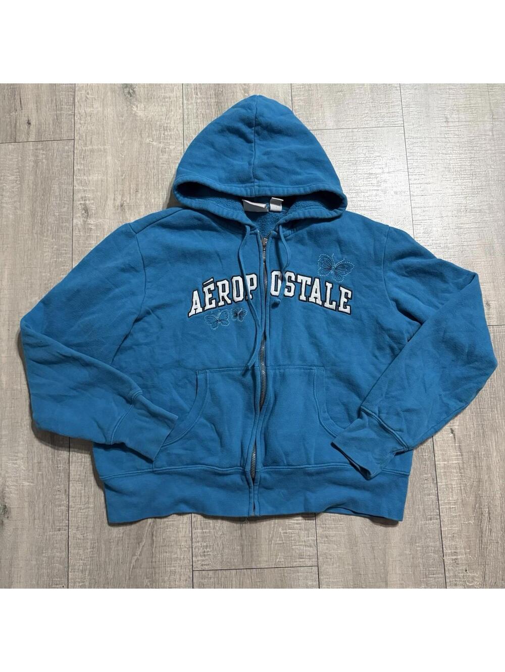 Y2K Aeropostale Rare Embroidered Butterfly Cropped Hoodie Jacket Blue Women L - Picture 2 of 10